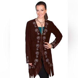 Scully Leather Womens Fringe Silver Embroidered Boar Suede Jacket Expresso